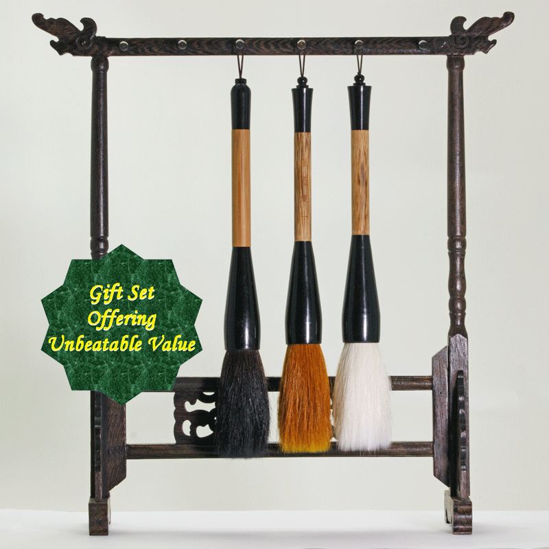 Deluxe Brush Set: containing Brush Stand and 3 Large Traditional Chinese Calligraphy (Writing) Brushes