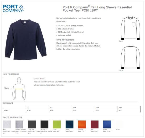 TALL - Port &amp; Company Long Sleeve Essential Pocket Tee