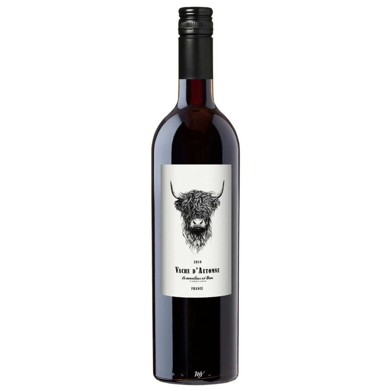 Fles Vache d'Automne GSM rode wijn uit de Languedoc, met rijke aroma's van kruiden, rijp rood fruit en een soepele afdronk
