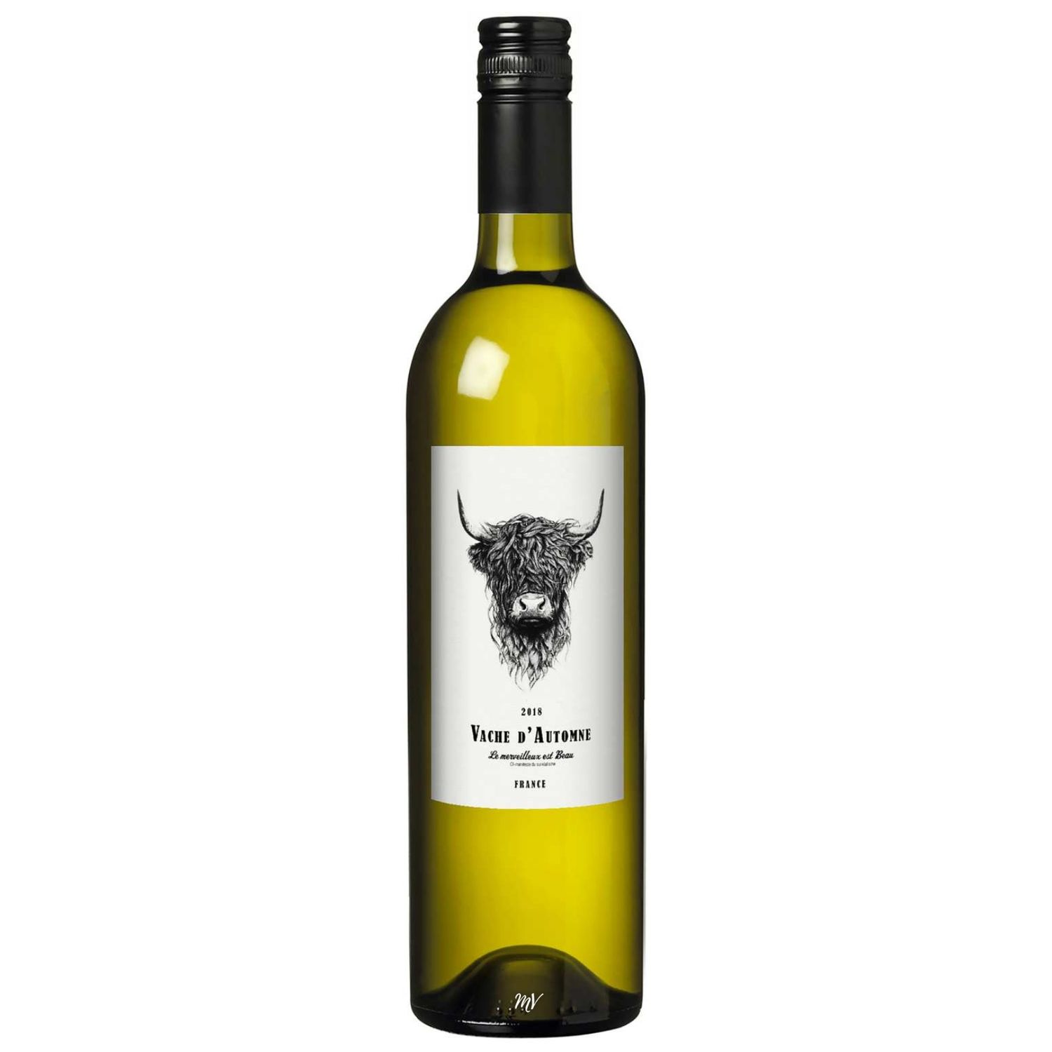 "Fles Vache d'Automne Chardonnay Colombard wijn uit de Gascogne streek in Frankrijk. Een elegante witte wijn gemaakt van 80% Colombard en 20% Chardonnay druiven. Frisse en fruitige aroma’s van wit steenfruit en citrus, met een verfijnde smaak en zachte afdronk. Perfect als aperitief of bij lichte gerechten
