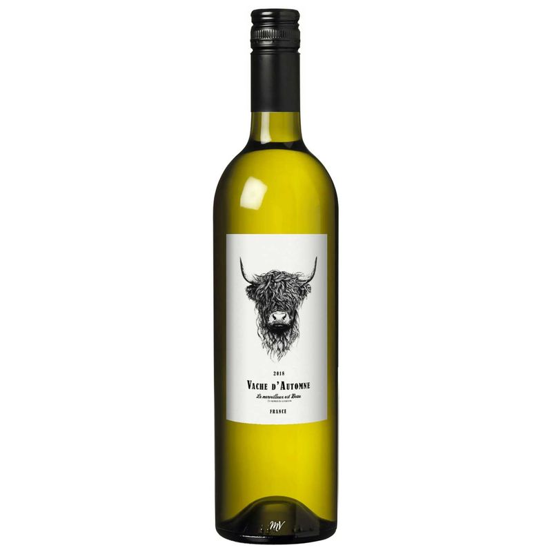 "Fles Vache d'Automne Chardonnay Colombard wijn uit de Gascogne streek in Frankrijk. Een elegante witte wijn gemaakt van 80% Colombard en 20% Chardonnay druiven. Frisse en fruitige aroma’s van wit steenfruit en citrus, met een verfijnde smaak en zachte afdronk. Perfect als aperitief of bij lichte gerechten
