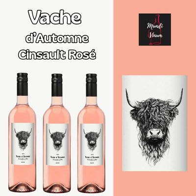 Fles Vache d'Automne Rosé wijn uit de Pays d'Oc streek in Languedoc, Frankrijk. Gemaakt van 100% Cinsault druiven, met aroma's van frambozen, aardbeien en witte bloesem. Een frisse, fruitige en soepele rosé met een lichte kruidigheid en een droge afdronk, perfect voor zomerse gelegenheden, wijnetiket met koe op de fles