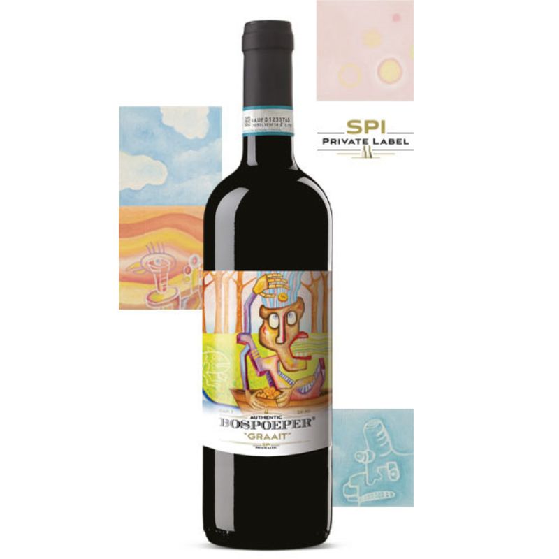 Bospoeper 2.0 – Italiaanse rode topwijn, Barbera d’Alba uit Piëmonte, met een kunstzinnig etiket
