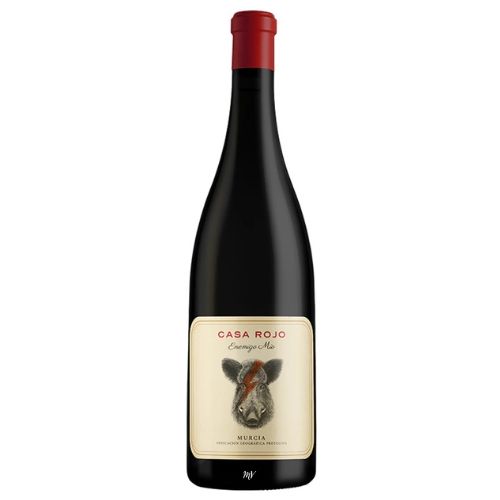 Casa Rojo -  enemigo Mio -  fles spaanse rode wijn met een everzwijn varken op het etiket , garnacha druif