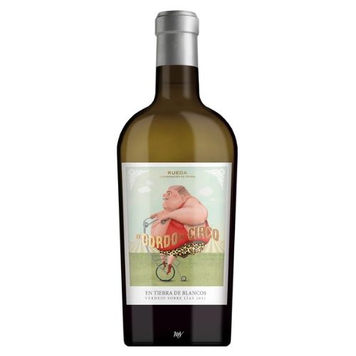 Casa Rojo -  El Gordo del Circo -  fles spaanse witte verdejo wijn uit Rueda  met een leuk etiket circuswijn