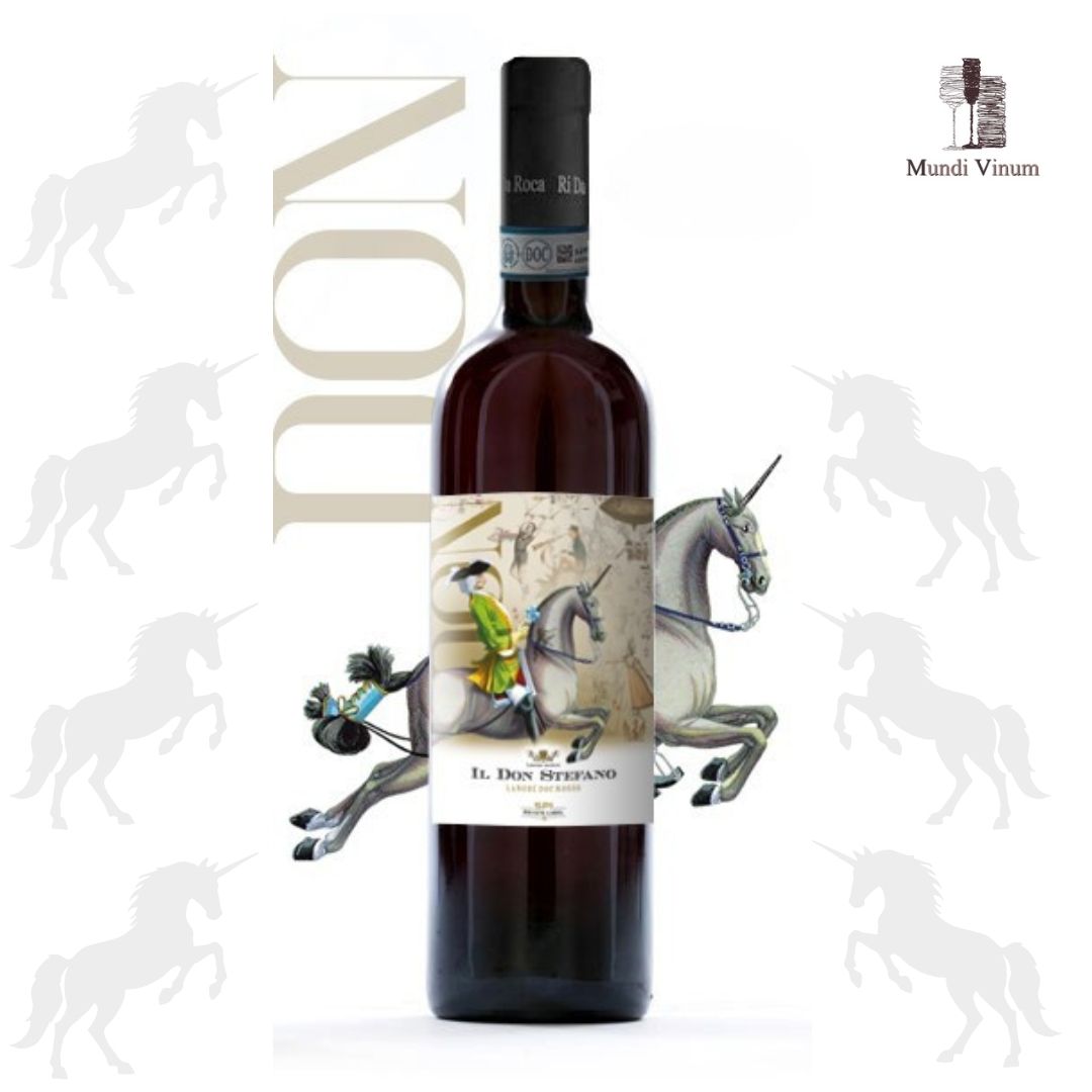 Etiket van Langhe DOC Rosso ‘Il Don Stefano’ met een illustratie van een eenhoorn rode wijn
