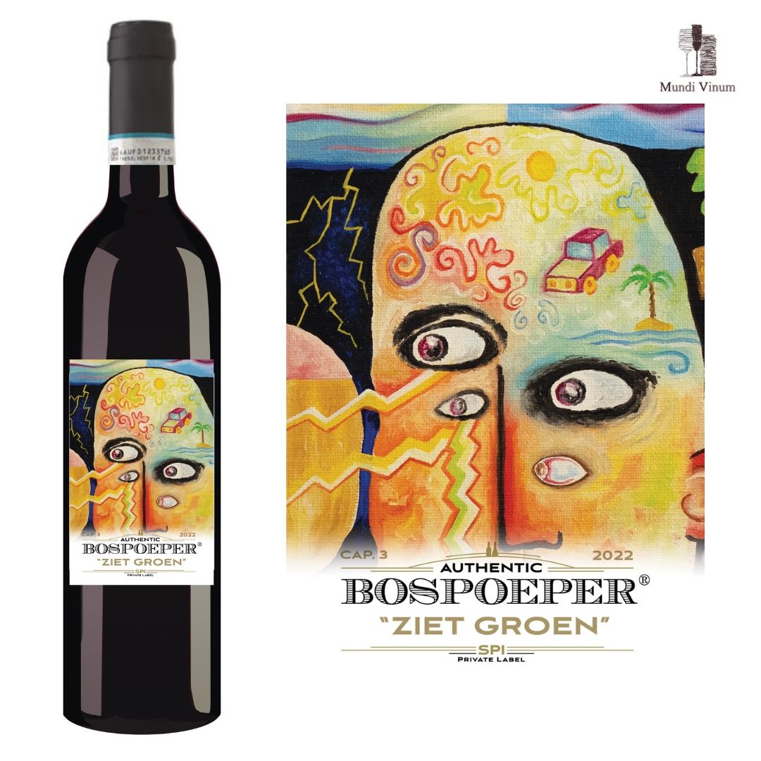 bospoeper ziet groen barbera d'alba - top rode Italiaanse wijn uit Piëmonte - mooi kunst etiket - kunstwerk op de fles