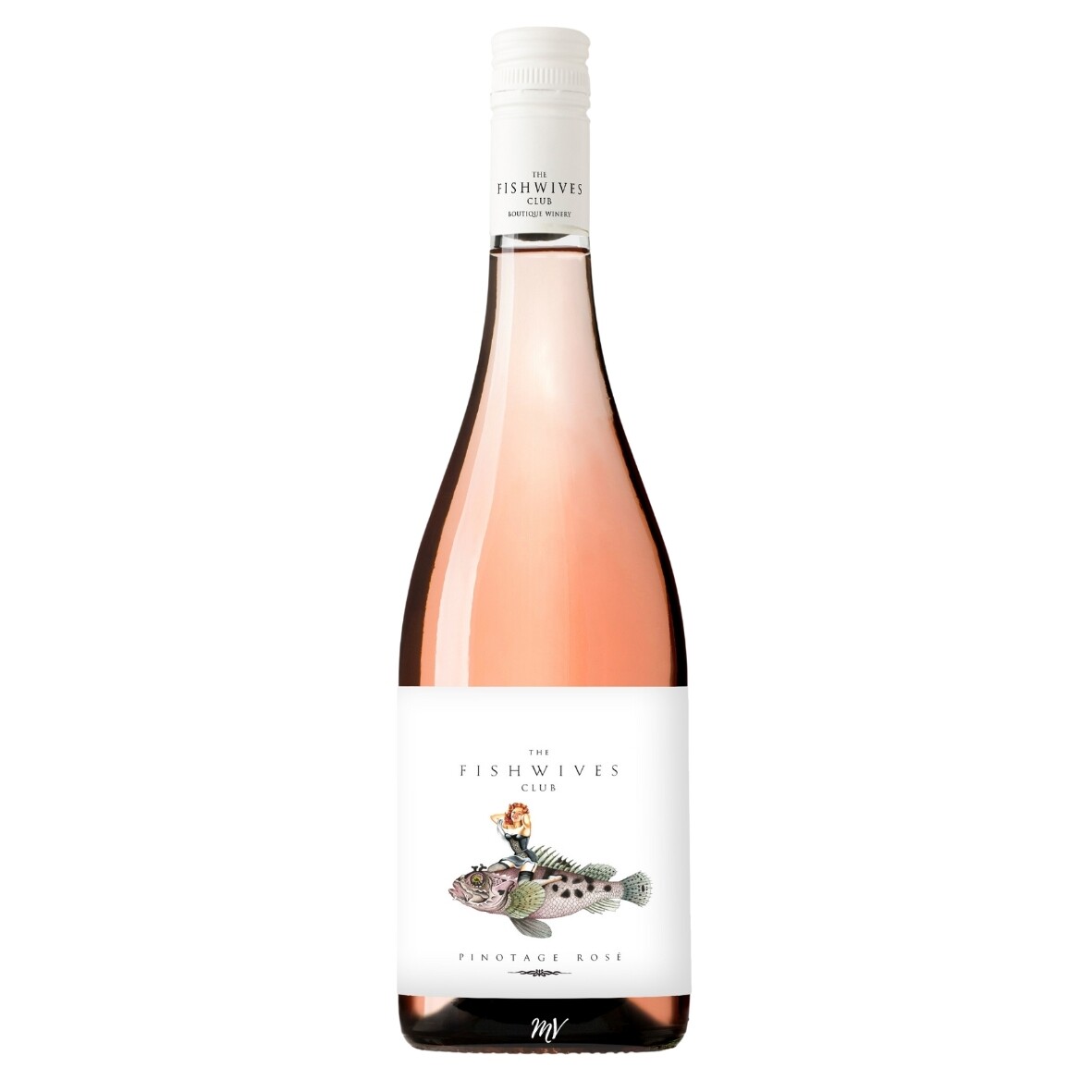 Fishwives Club Pinotage Rosé, Kaapse rosé met ludiek zeemeermin en vis op het etiket, fruitig en fris, Mundi Vinum Herent