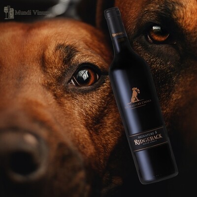 Ridgeback Signature S premium Kaapse wijn, robijnrood met elegante afdronk en hond‑label, Mundi Vinum Herent