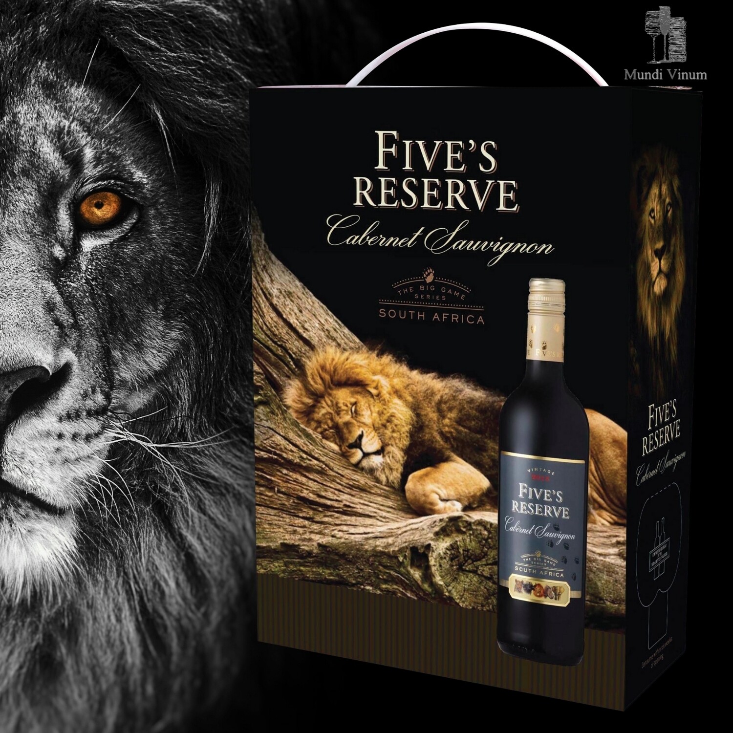 Five Réserve Cabernet Sauvignon - Bag in Box van 3 L Five Réserve Cabernet, fruitige Kaapse Cabernet in 3L bag‑in‑box met pruim en braam, Mundi Vinum Herent