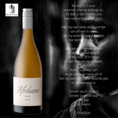 Afrikaans Chenin Blanc Chardonnay met frisse perzik en citrus, etiket met jaarlijks Afrikaans gedicht