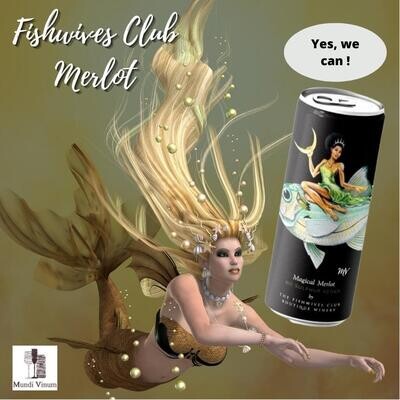 Merlot in blik van Fishwives Club, artistiek etiket met zeemeermin en vis, fruitig en zacht, Mundi Vinum Herent