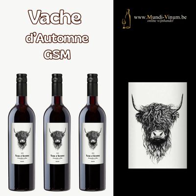 dFles Vache d'Automne GSM rode wijn uit de Languedoc, met rijke aroma's van kruiden, rijp rood fruit en een soepele afdronk, wijn met koe op de fles