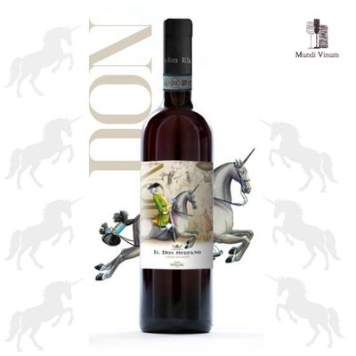 Etiket van Langhe DOC Rosso ‘Il Don Stefano’ met een illustratie van een eenhoorn rode wijn