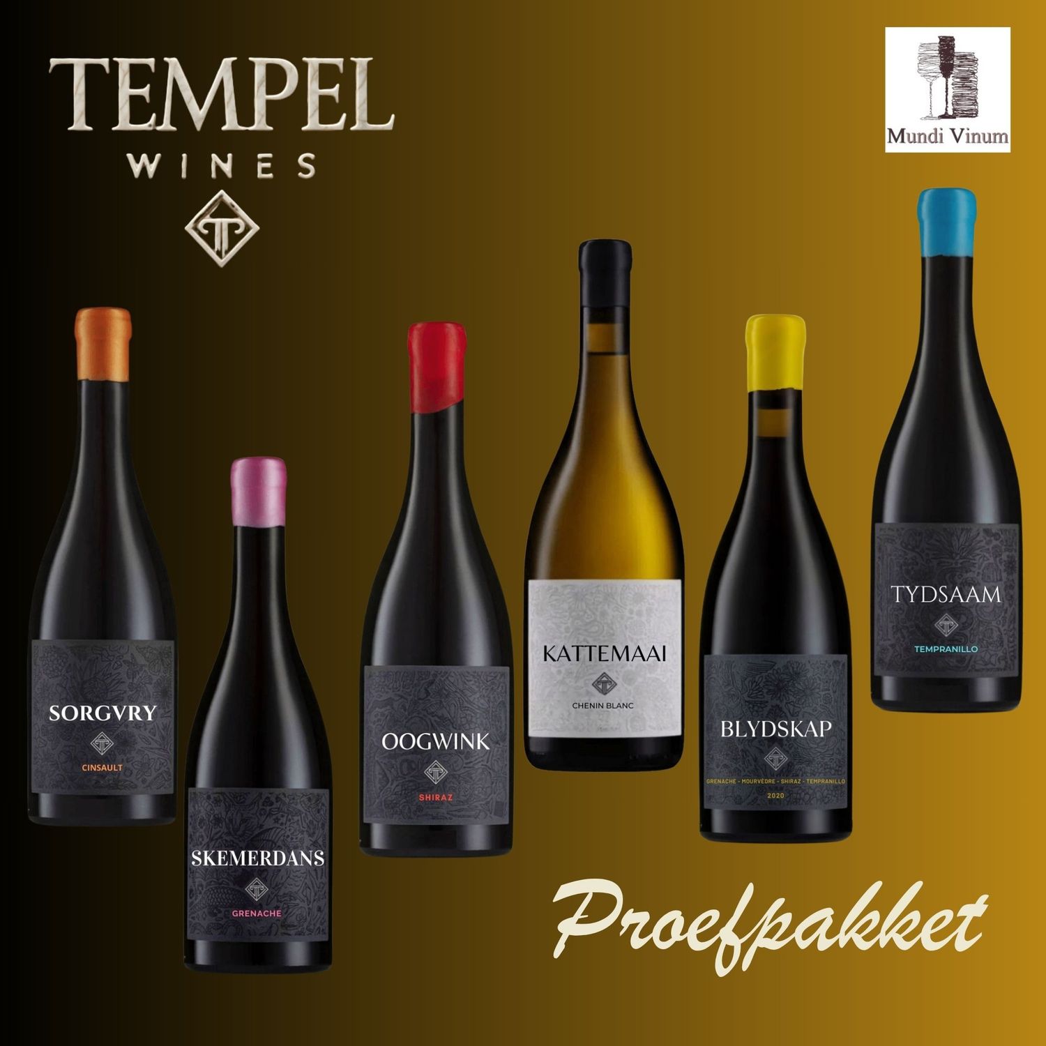 Proefpakket Tempel Wines Stijlvol wijncadeau met zes Tempel Wines, ideaal geschenk voor liefhebbers van karaktervolle wijnen, Mundi Vinum Herent