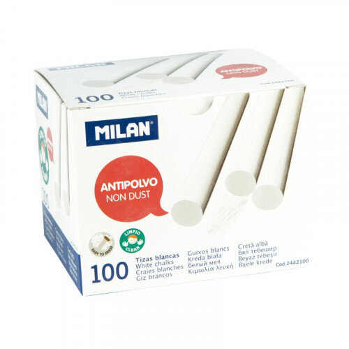 CAJA 100 TIZAS DE CARBONATO DE CALCIO BLANCAS REDONDAS -ANTIPOLVO MILAN 2442100