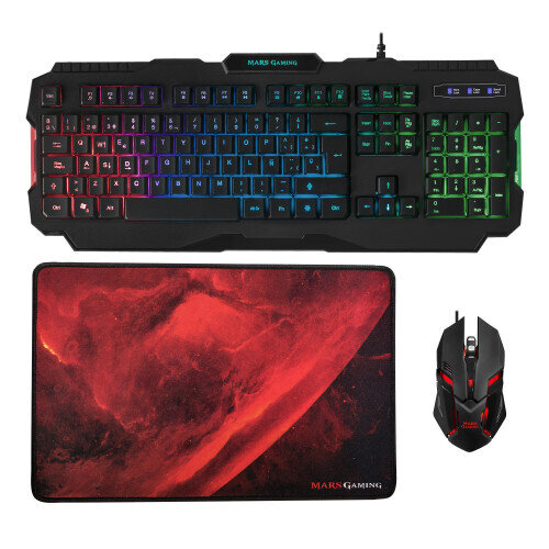 MARSGAMING MCP118 GAMING COMBO 3IN1 RGB, RGB RAINBOW KEYBOARD, 4000DPI RGB FLOW MOUSE, 350X250X3 MOUSEPAD -- SPANISH LAYOUT