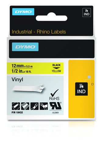 CINTA ROTULADORA RHINOPRO VINILO 12MMX5.5M NEGRO/AMARILLO DYMO 18432