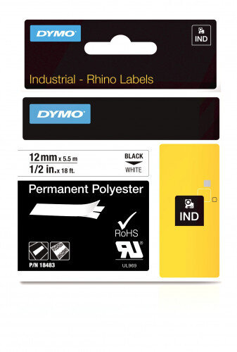 CINTA ROTULADORA RHINOPRO POLISTER 12MMX5,5M NEGRO/BLANCO DYMO 18483