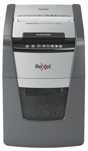 Rexel Optimum AutoFeed+ 100X triturador de papel Corte cruzado 55 dB 22 cm Negro, Gris