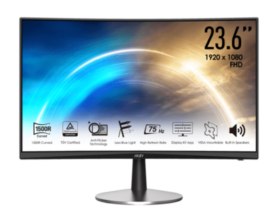 MSI MONITOR PRO MP242C. 23.8” (60CM) CURVO 1500R. 1920x1080 (FHD). 75HZ. NEGRO