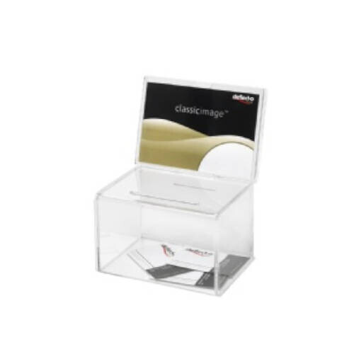 CAJA PARA SUGERENCIAS O PROPINAS SIN LLAVE CON EXPOSITOR 16,5X11 CM TRANSPARENTE DEFLECTO 592901