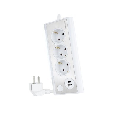 Nanocable Regleta de Sobremesa con 3 Tomas de Tierra y 2 USB con Luz, Blanco