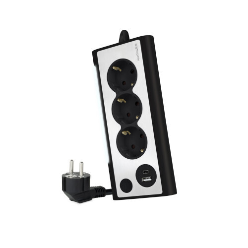 Nanocable Regleta de Sobremesa con 3 Tomas de Tierra y 2 USB con Luz, Negro