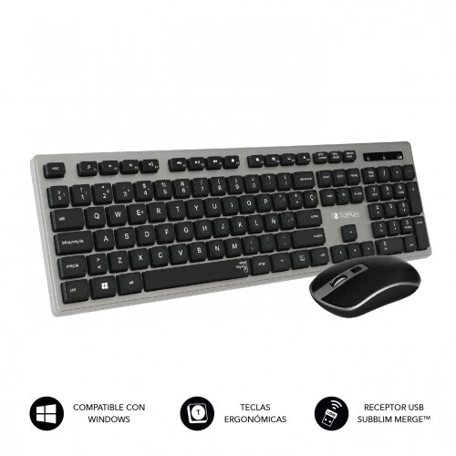 SUBBLIM Teclado Ergonómico y ratón inalámbricos Plano Silencioso Gris/Negro Ergo