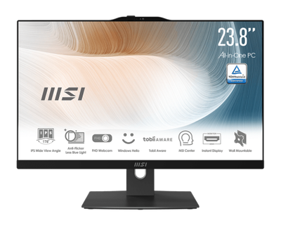 MSI AIO MODERN AM242TP 12M-823ES. 23.8" (60CM). PLANO. IPS. INTEL PROCESSOR N100. DDR4 SDRAM 16GB (8GB*2). 512 GB PCIE SSD. SIN S.O. NEGRO