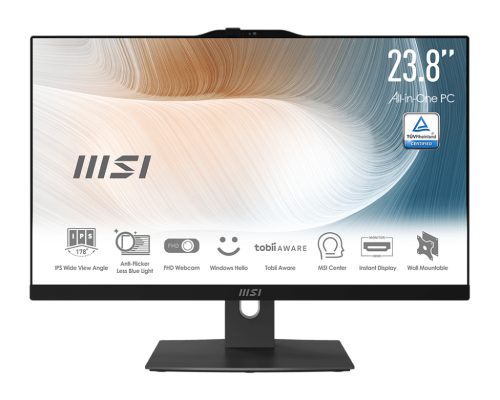 MSI AIO MODERN AM242TP 12M-823ES. 23.8" (60CM). PLANO. IPS. INTEL PROCESSOR N100. DDR4 SDRAM 16GB (8GB*2). 512 GB PCIE SSD. SIN S.O. NEGRO