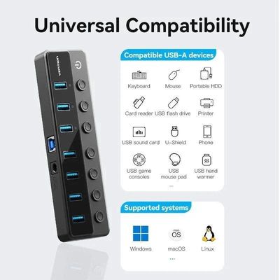 HUB VENTION USB 3.0 7 PUERTOS USB 3.0 INTERRUPTOR BLACK