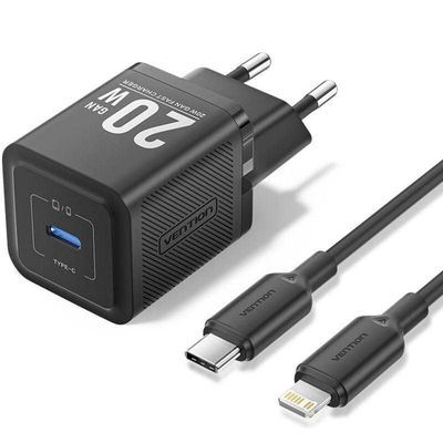 CARGADOR DE PARED VENTION GAN USB-C 20W BLACK + CABLE UCB-C - LIGHTNING 2M BLACK