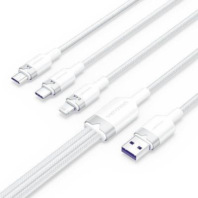CABLE 3 EN 1 VENTION USB-A 2.0- USB-C/LIGHTNING/MICRO-B 1.5M ALUMINIO WHITE