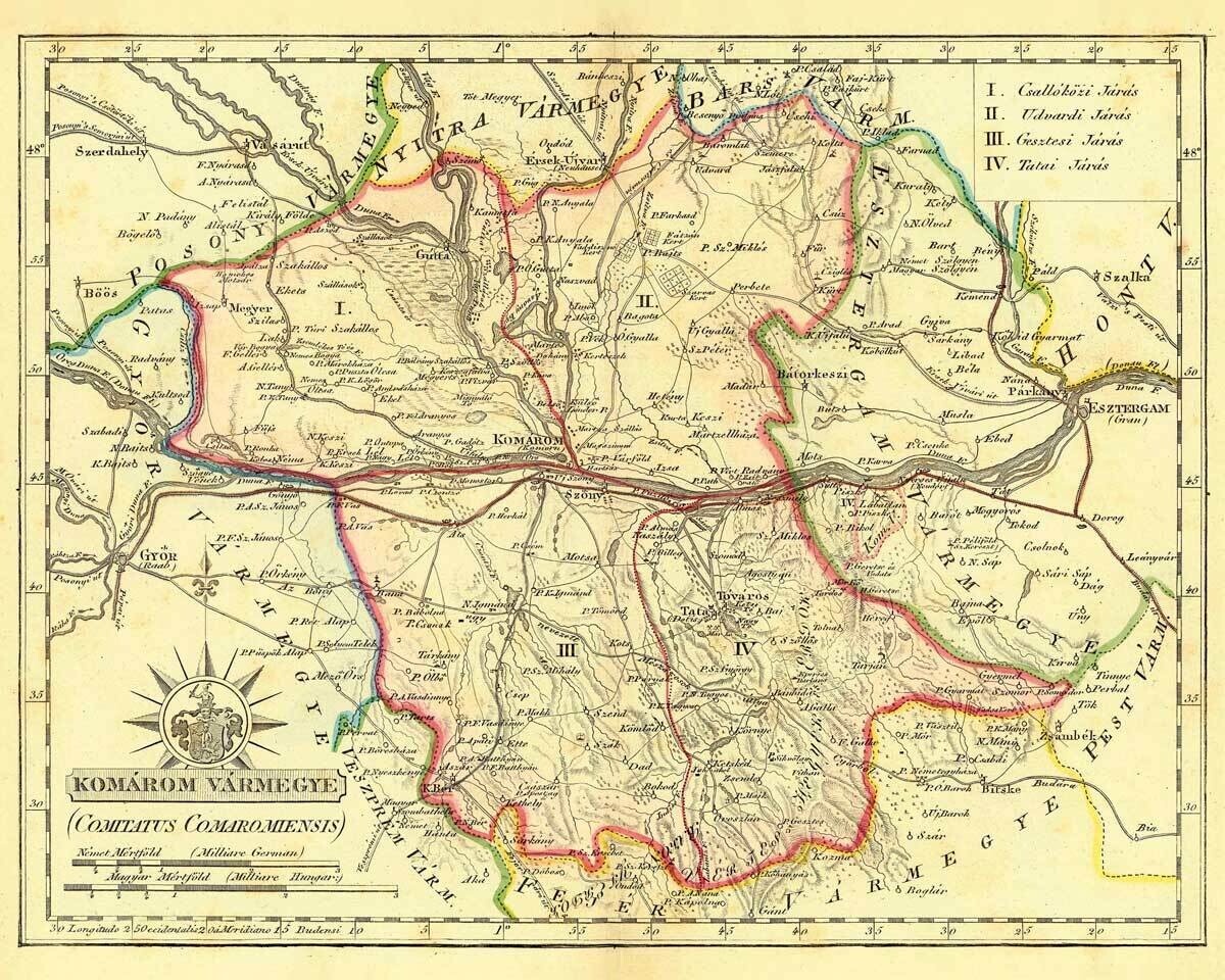 DEMETER GÖRÖG (1760-1833): Mapa Komárenské stolice. Kolorovaná mědirytina. Budapešť, 1811.