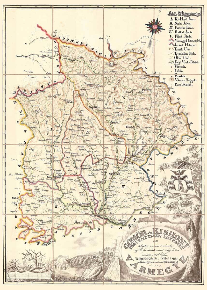 LEOPOLD LOVAS: Mapa Gemerské stolice a Malohontu. Rukopisná kolorovaná mapa. Kolem roku 1820.