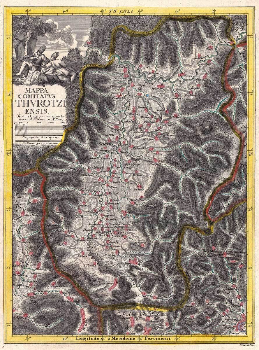 SAMUEL MIKOVÍNI (1686-1750): Mapa Turčianské stolice. Kolorovaná medirytina. Bratislava, 1736.