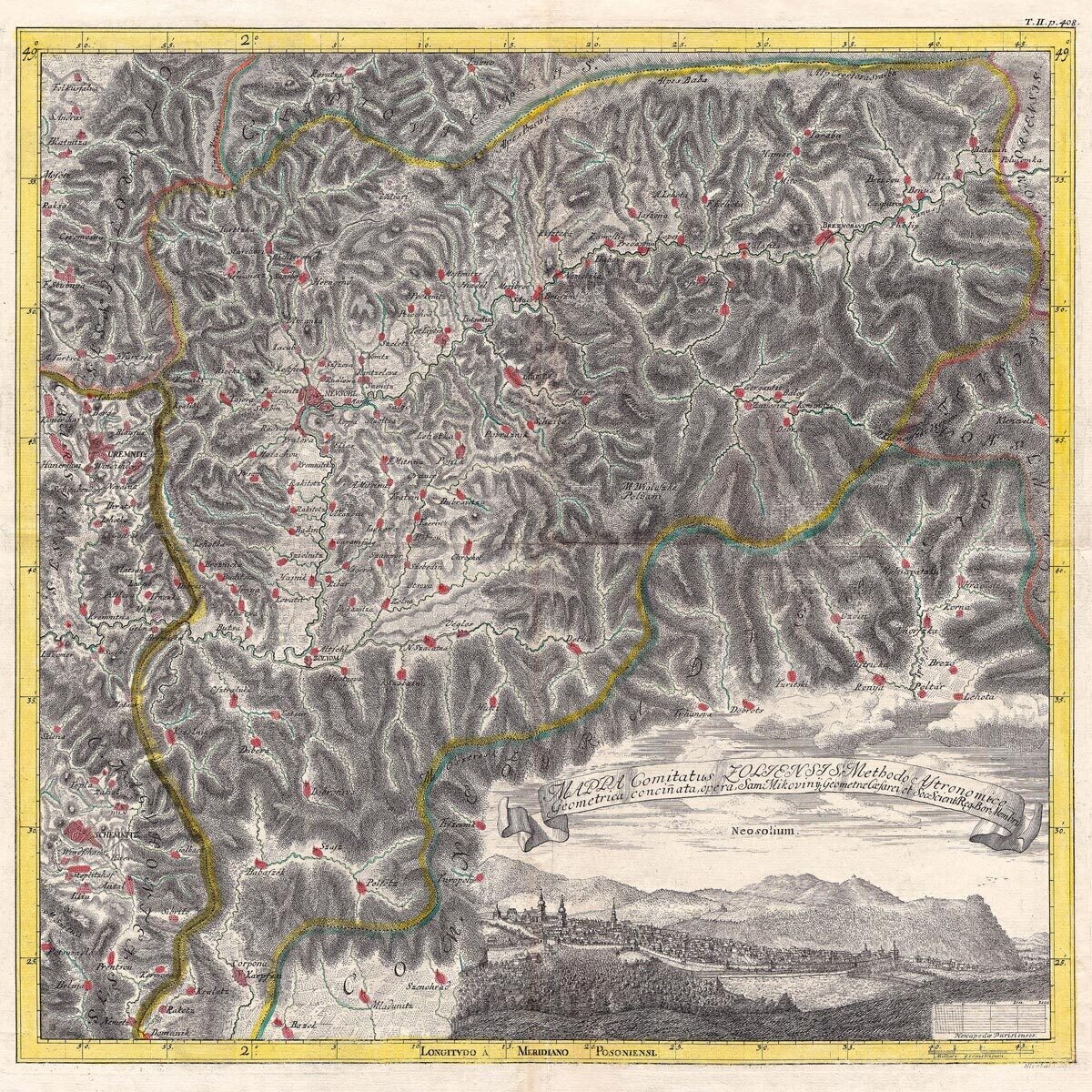SAMUEL MIKOVÍNI (1686-1750): Mapa Zvolenskej stolice. Kolorovaná medirytina. Bratislava, 1736.