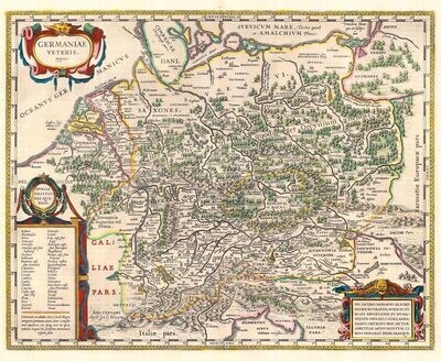 WILLEM JANSZOON BLAEU (1571-1638): Historická mapa Germanie. Kolorovaná medirytina. Amsterdam, 1630.