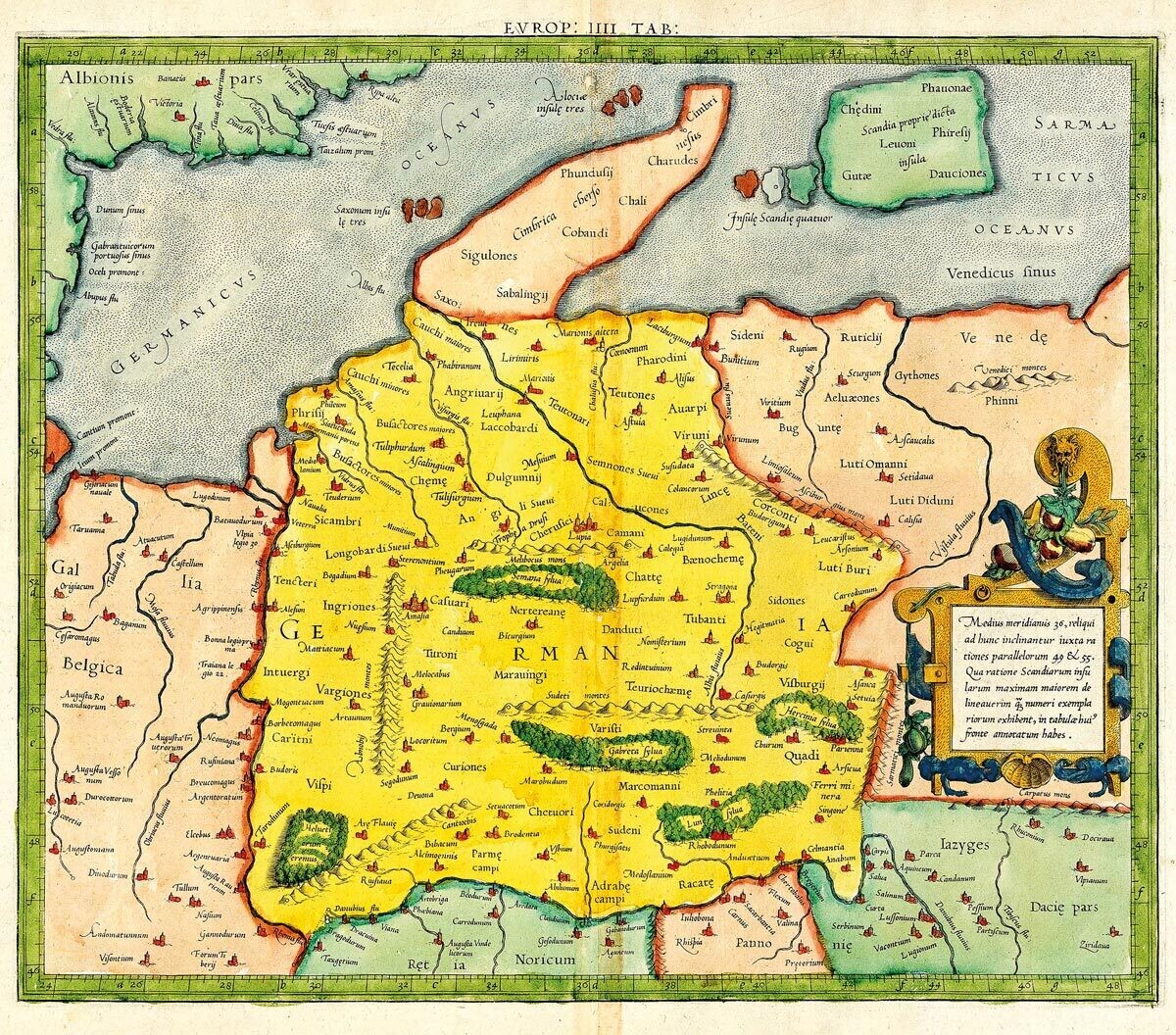 GERHARD MERCATOR (1512–1594): Mapa Germánie. Kolorovaná medirytina. Duisburg, 1579.