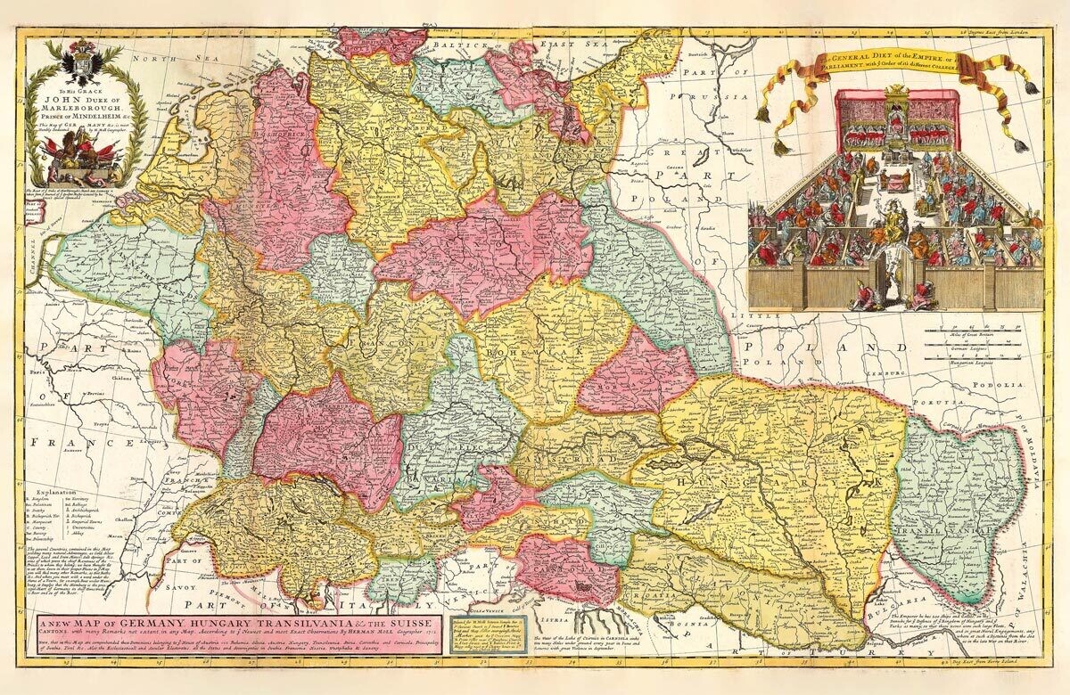 HERMAN MOLL (1654-1732): Mapa střední Evropy. Kolorovaná mědirytina. Londýn, 1726.