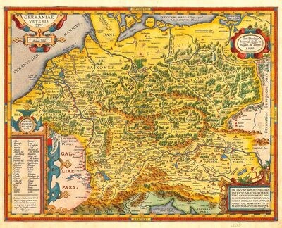 ABRAHAM ORTELIUS (1527–1598): Mapa historické Germánie. Kolorovaná medirytina. Amsterdam, 1587.