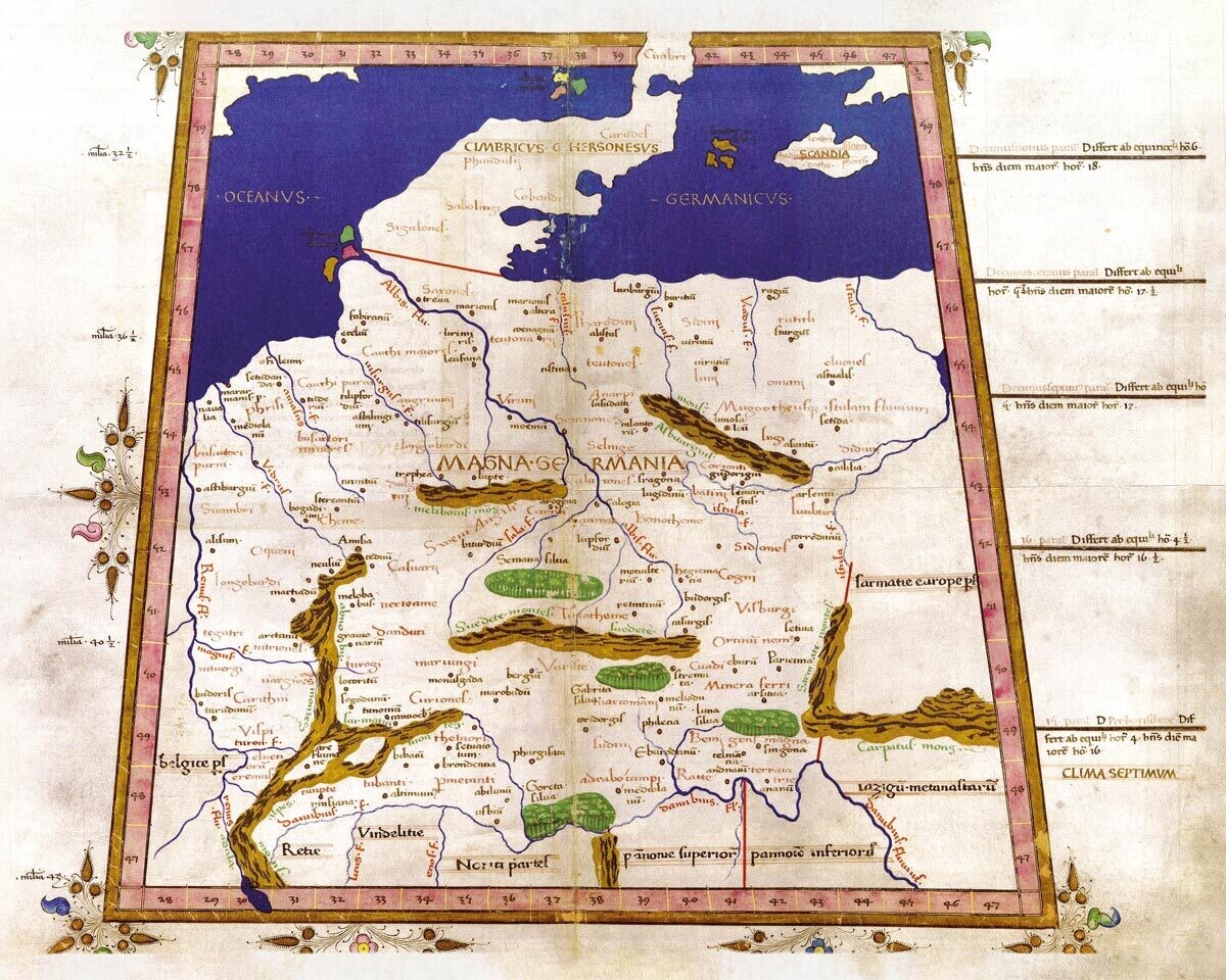 CLAUDIOS PTOLEMAIOS (asi 100–178): Magna Germania. Kolorovaná rukopisná mapa. 1470.