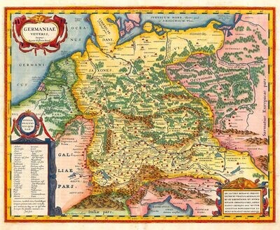 JOHANNES JANSSONIUS VAN WAESBERGEN (1616–1681) & MOSES PITT (?–1696) & STEPHEN SWART (?-?): Historická mapa Germánia. Kolorovaná medirytina. Amsterdam, 1680.