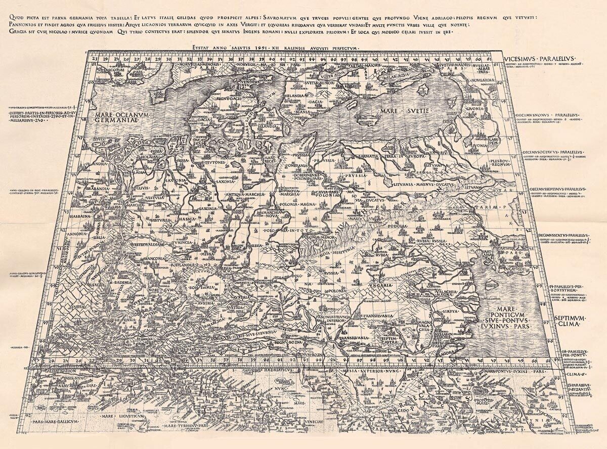MIKULÁŠ KUSÁNSKÝ (1401–1464): Mapa stredná Európa. Medirytina. Rím, 1491.