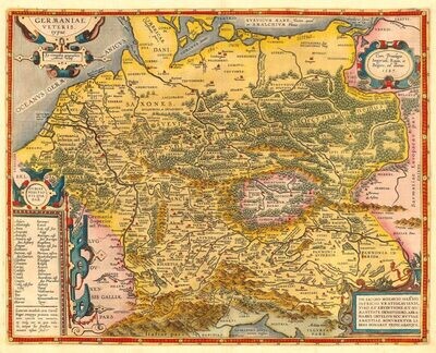 ABRAHAM ORTELIUS (1527–1598): Mapa historické Germanie. Kolorovaná mědirytina. Amsterdam, 1592.