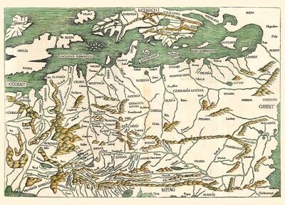 HIERONYMUS MÜNZER (1437/47-1508). Mapa střední Evropy. Kolorovaný dřevořez. Norimberk, 1493.