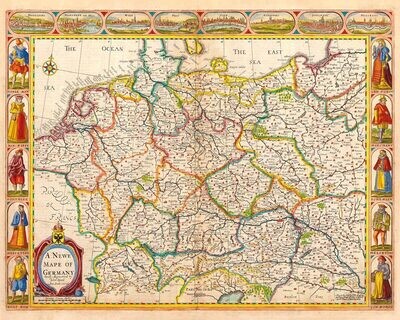 JOHN SPEED (1552-1629): Mapa Nemecka. Kolorovaná medirytina. Londýn, 1626.