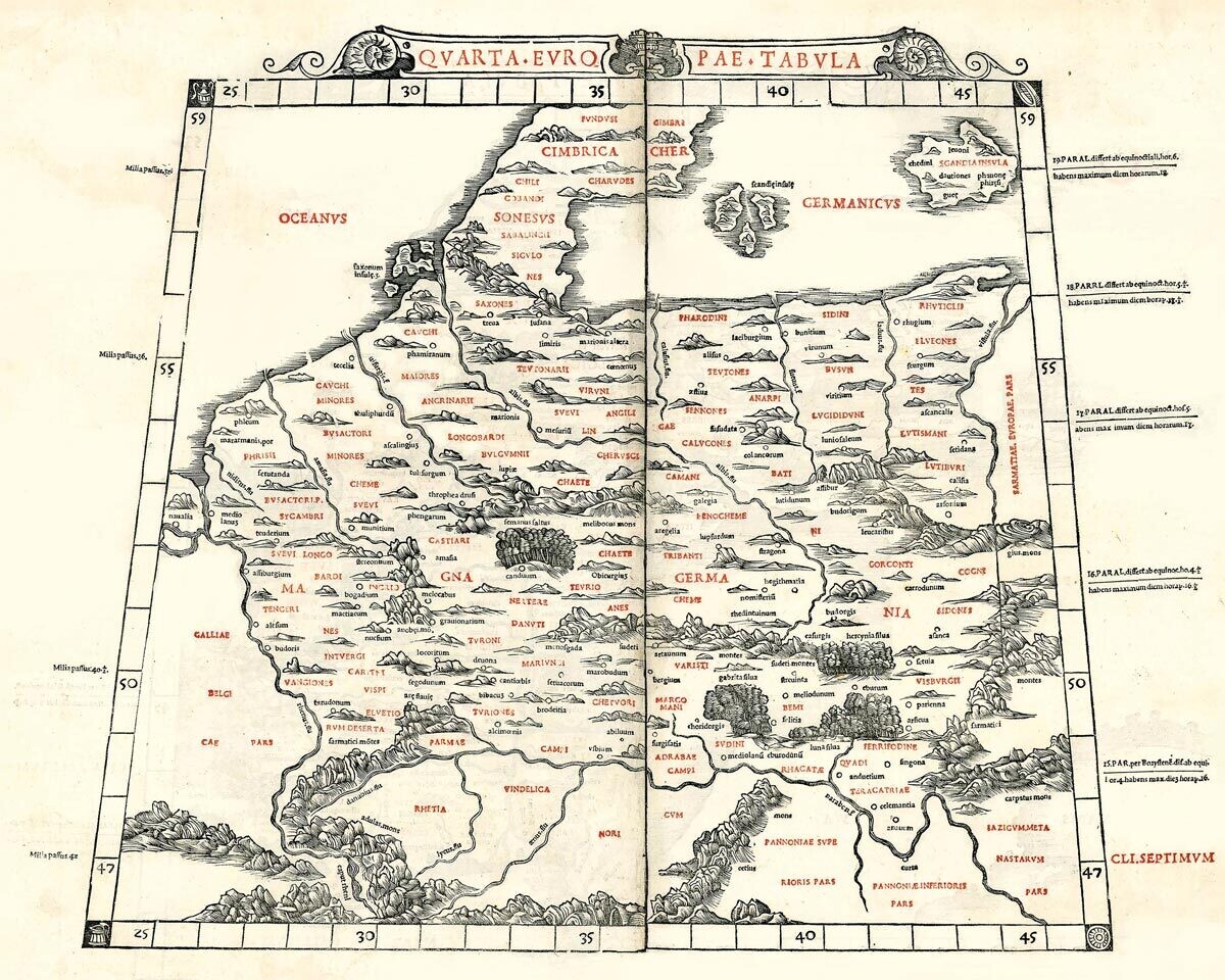 BERNARDUS SYLVANUS ( 1486-1530): Mapa strednej Európy. Kolorovaný drevorez. Benátky, 1511.