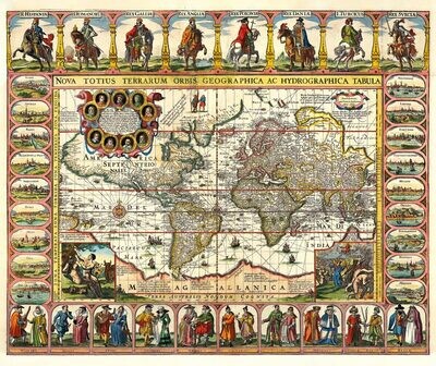 PETRUS KAERIUS (1571-1646), JOHANNES JANSSONIUS (1588-1664): Mapa sveta. Kolorovaná medirytina. Amsterdam, 1632.